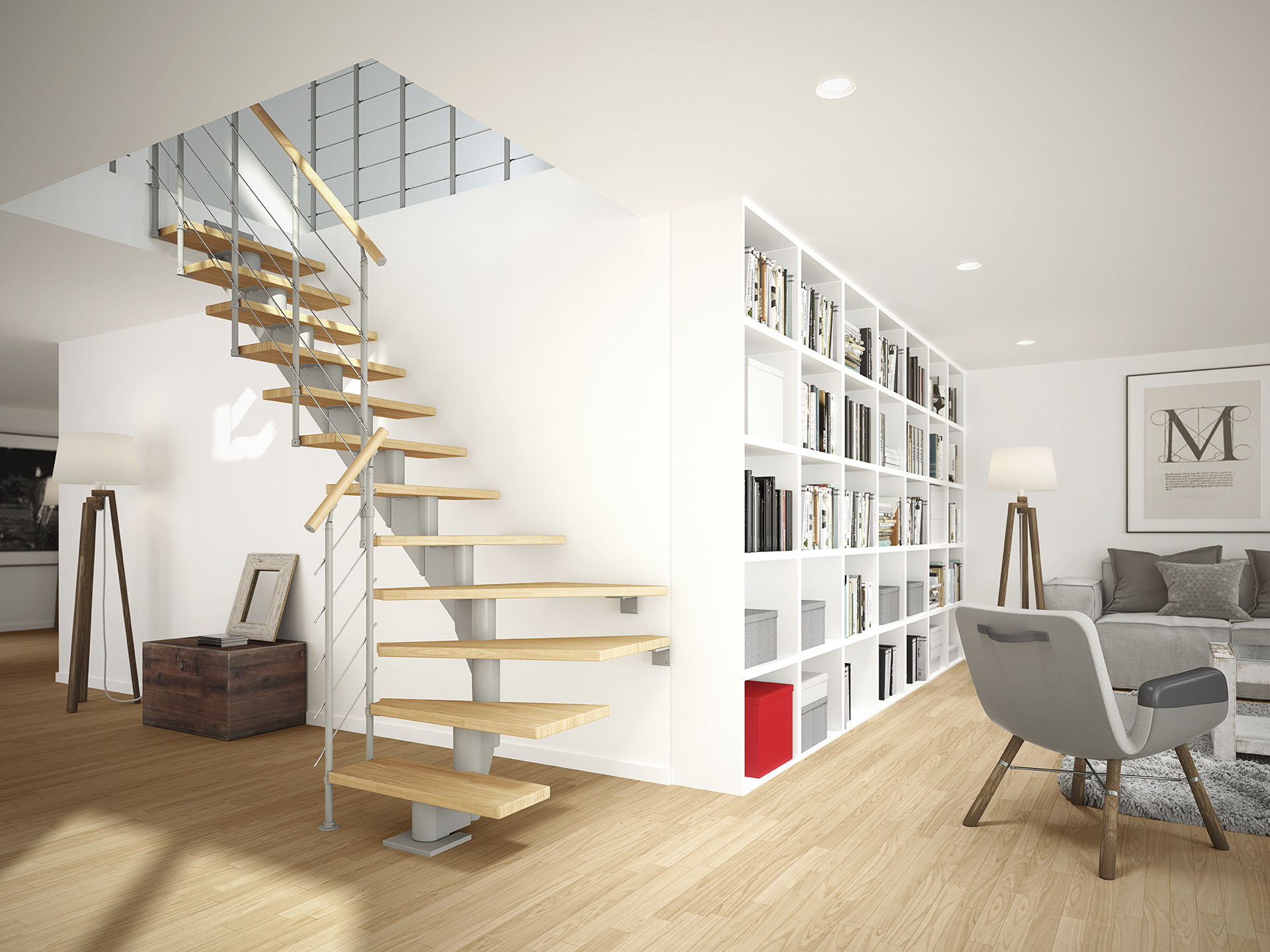 Interno moderno con scala in legno sospesa, parapetto in metallo, libreria bianca e angolo relax accogliente.