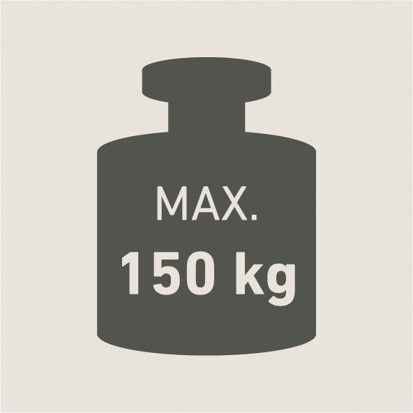 Icona di un peso etichettato "Max. 150 kg", che indica la capacità di carico massima.