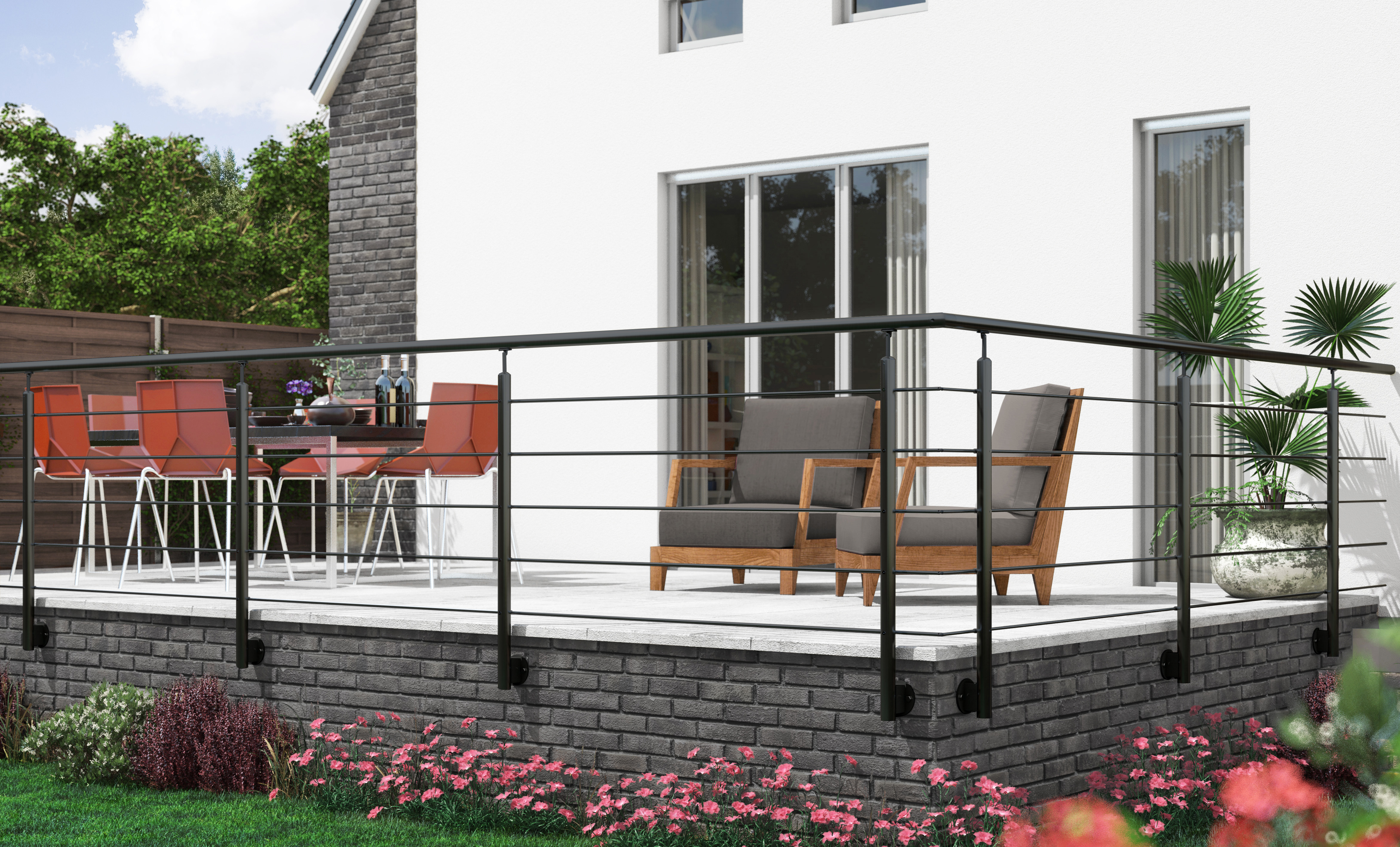 Parapetto CLEAN BLACK: design minimalista in alluminio, resistente alle intemperie, confezioni modulari da 150 cm.