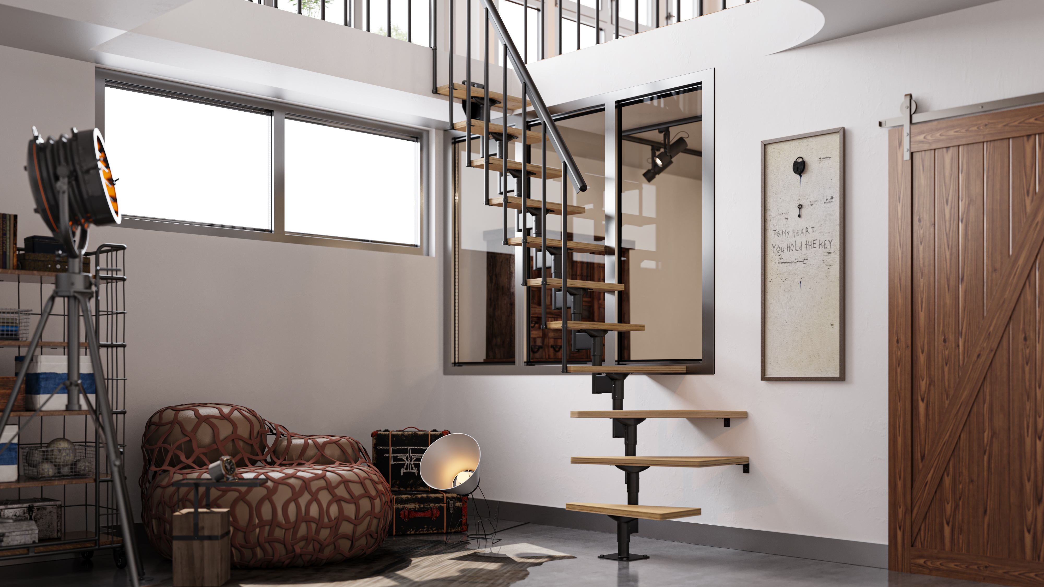 Scala salvaspazio nera in uno studio fotografico.