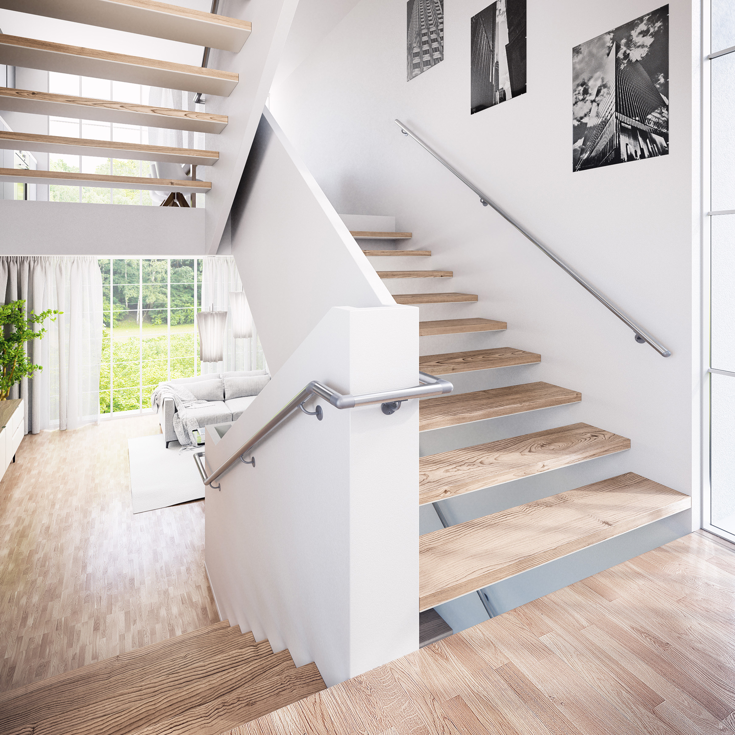 Scala interna moderna con gradini in legno e corrimani in metallo, all'interno di una casa luminosa con ampie finestre e arte murale in bianco e nero.