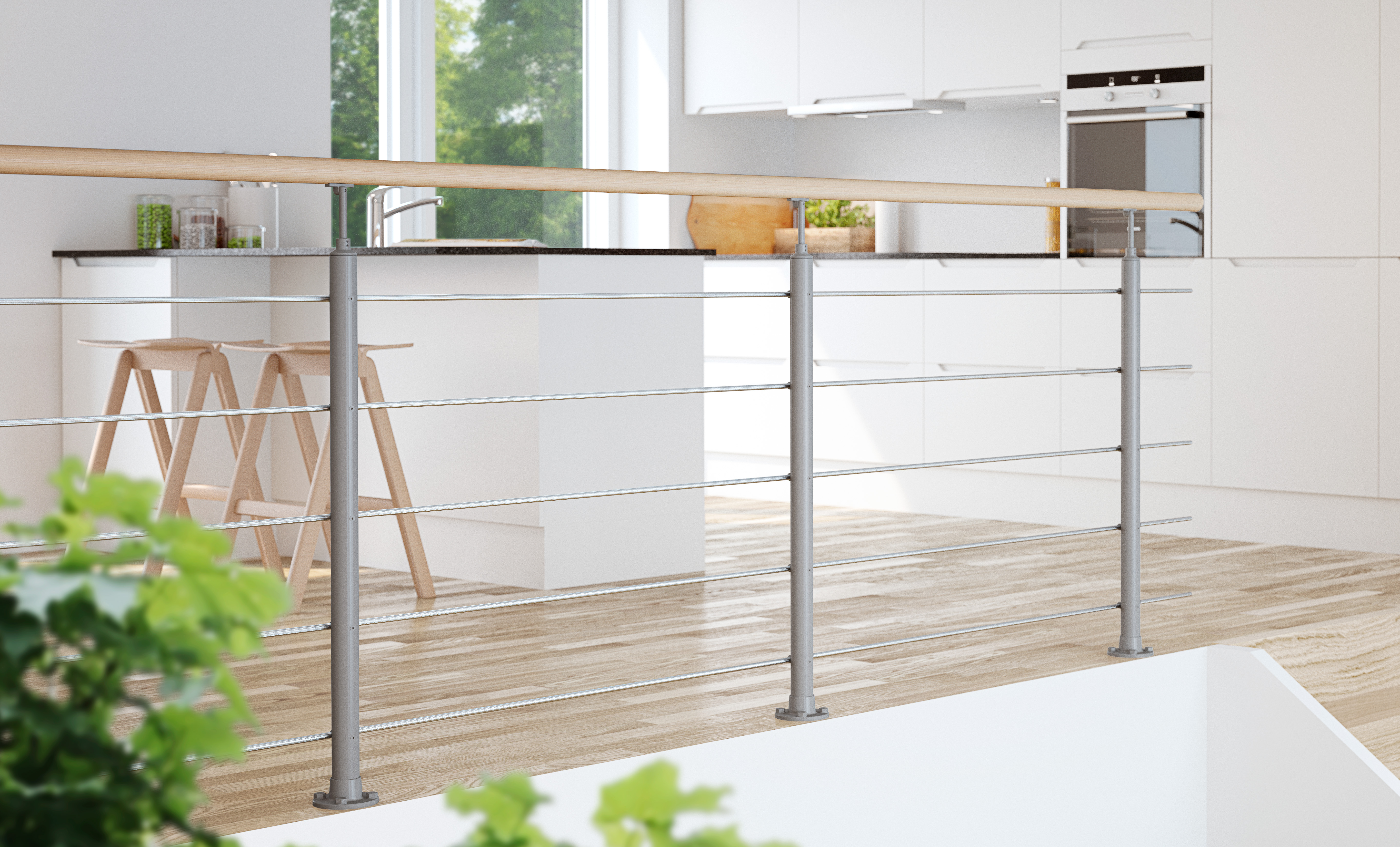 Parapetto INTERIO: design elegante in legno e acciaio, fissaggio a parete o a pavimento.
