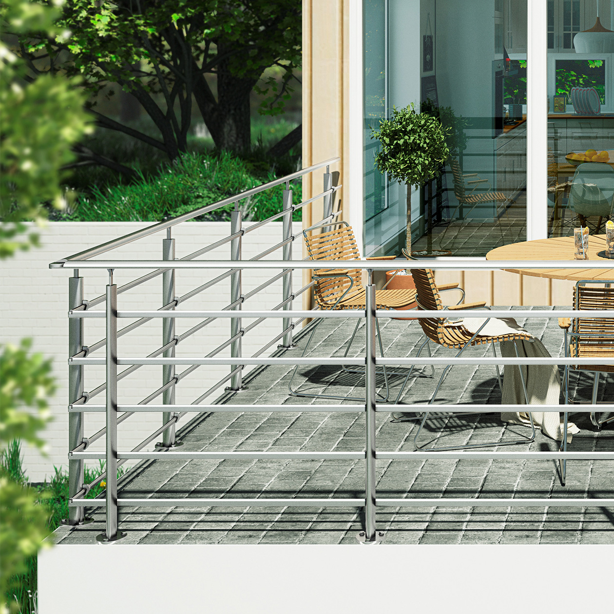 Terrazza moderna con parapetto in acciaio inossidabile, arredi da esterno e cornice verdeggiante.