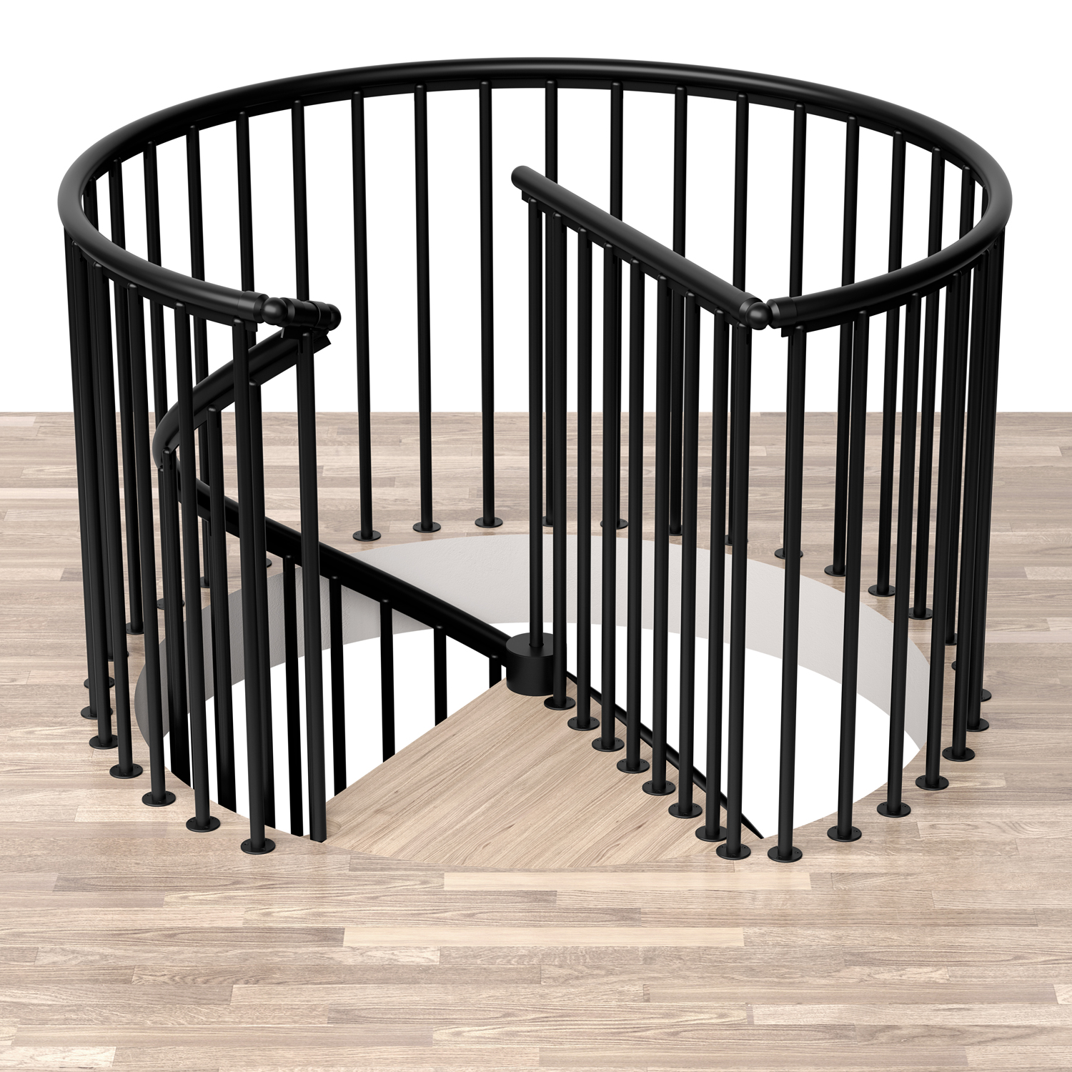 Scala a chiocciola circondata da un parapetto metallico circolare nero, installata su un pavimento in legno.