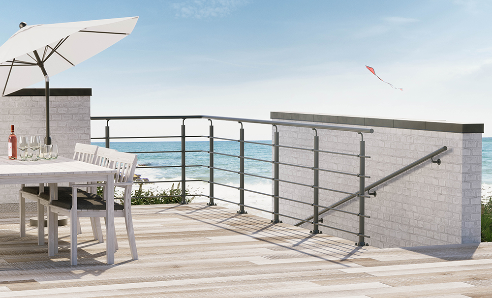 Parapetto NEW RONDO RAL 7016: alluminio resistente alle intemperie, finitura antracite, kit modulari.