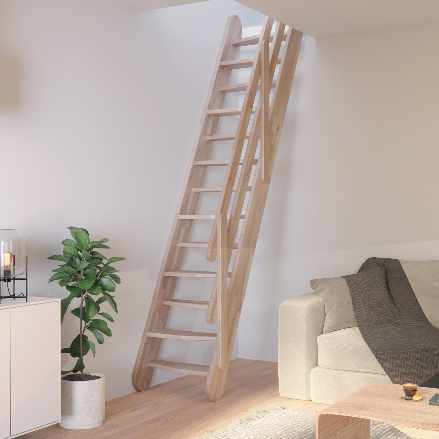 Scala in legno con ringhiere sottili, che porta a un livello superiore in una stanza minimalista e luminosa.