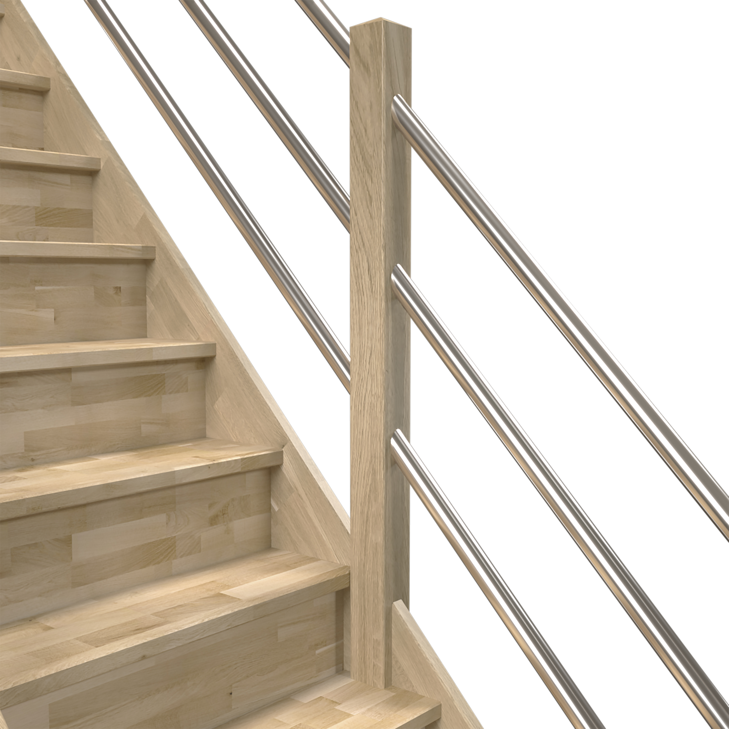 Immagine di una scala con contrahuellas chiuse, dotata di una ringhiera moderna e minimalista, con barre orizzontali in tubo di acciaio per un design essenziale.