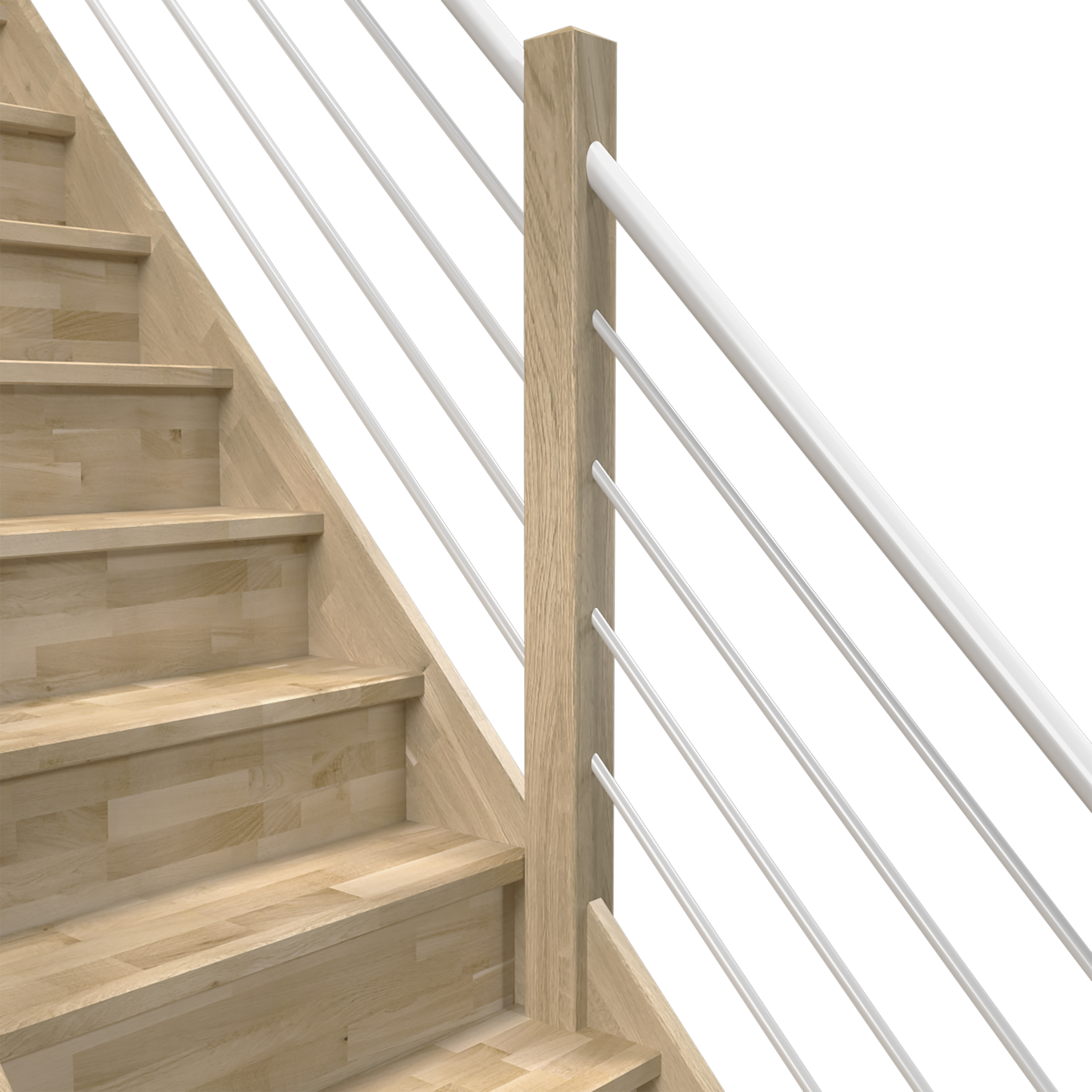 Immagine di una scala con gradini aperti e corrimano moderno con ringhiere in tubo d'acciaio bianco orizzontali per uno stile pulito e minimalista.