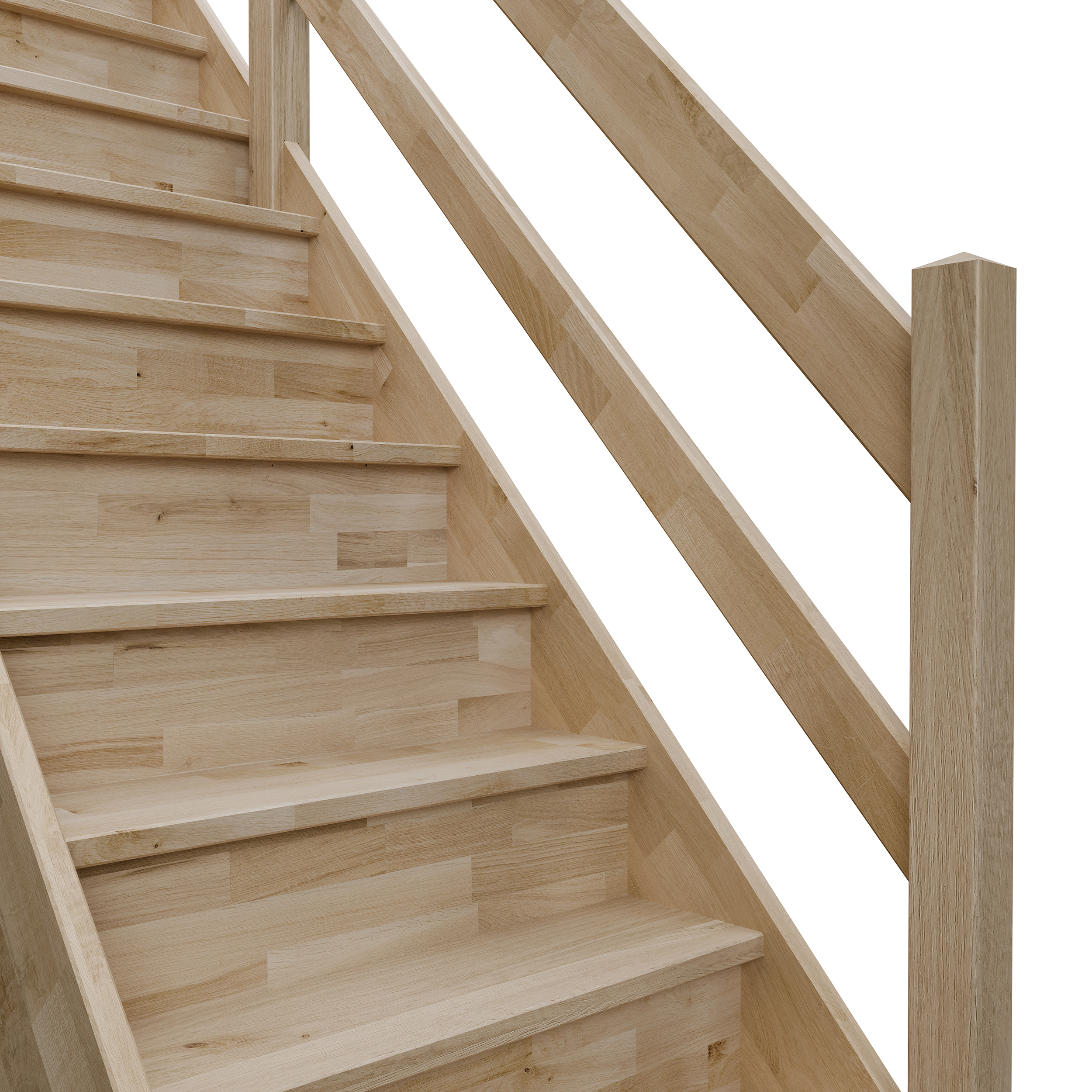 Immagine di una scala con contrahuellas chiuse e una ringhiera in legno con barre orizzontali.