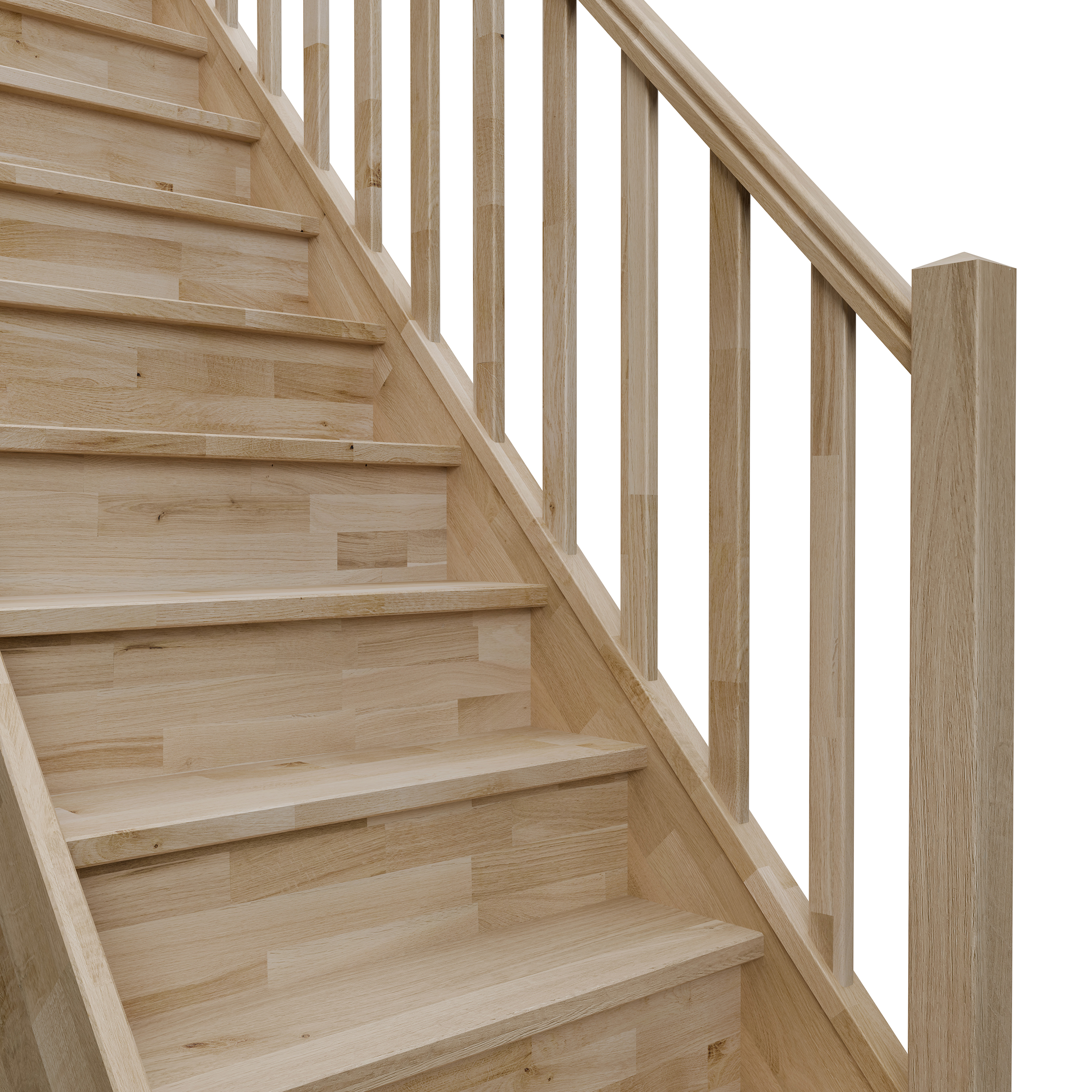 Immagine di una scala con contrahuellas chiuse, una ringhiera in legno con balaustro verticale in legno, dallo stile "moderno".