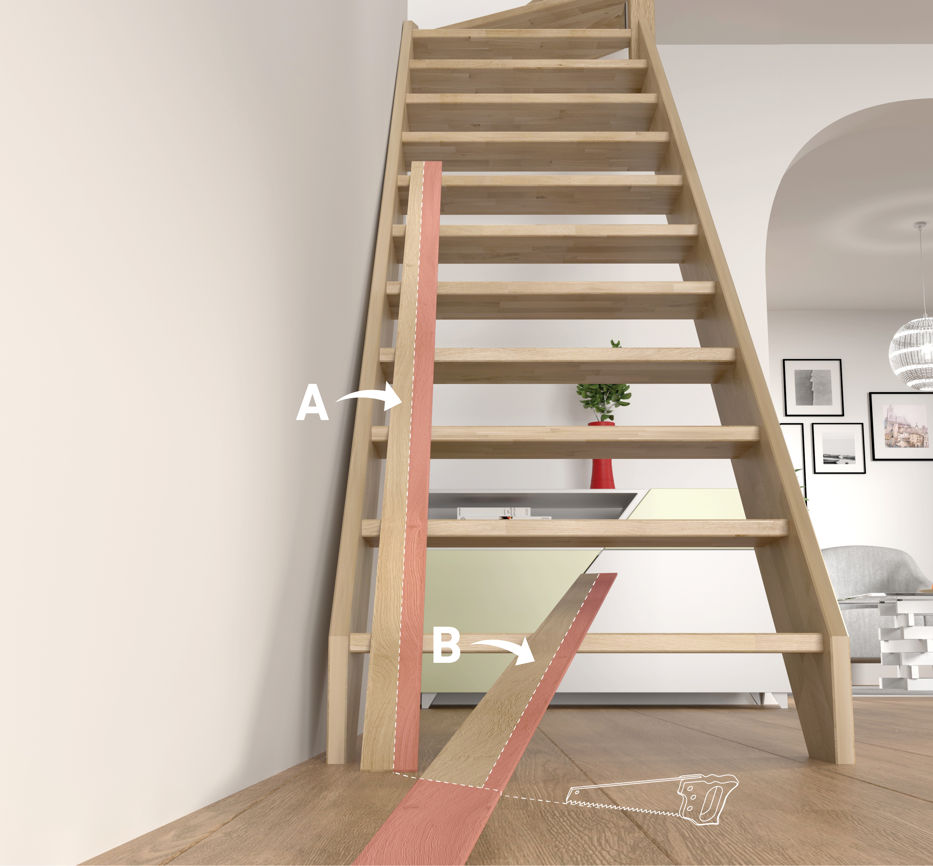 Immagine di una scala con gradini aperti appoggiata a una parete, che necessita dell'installazione di lamiere di finitura*