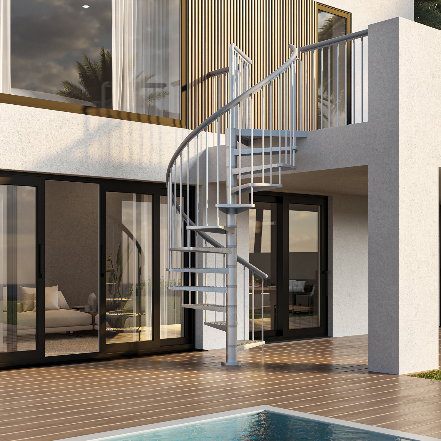 Scala a chiocciola esterno GARDENSPIN in acciaio zincato, adiacente a una terrazza a bordo piscina con architettura moderna.