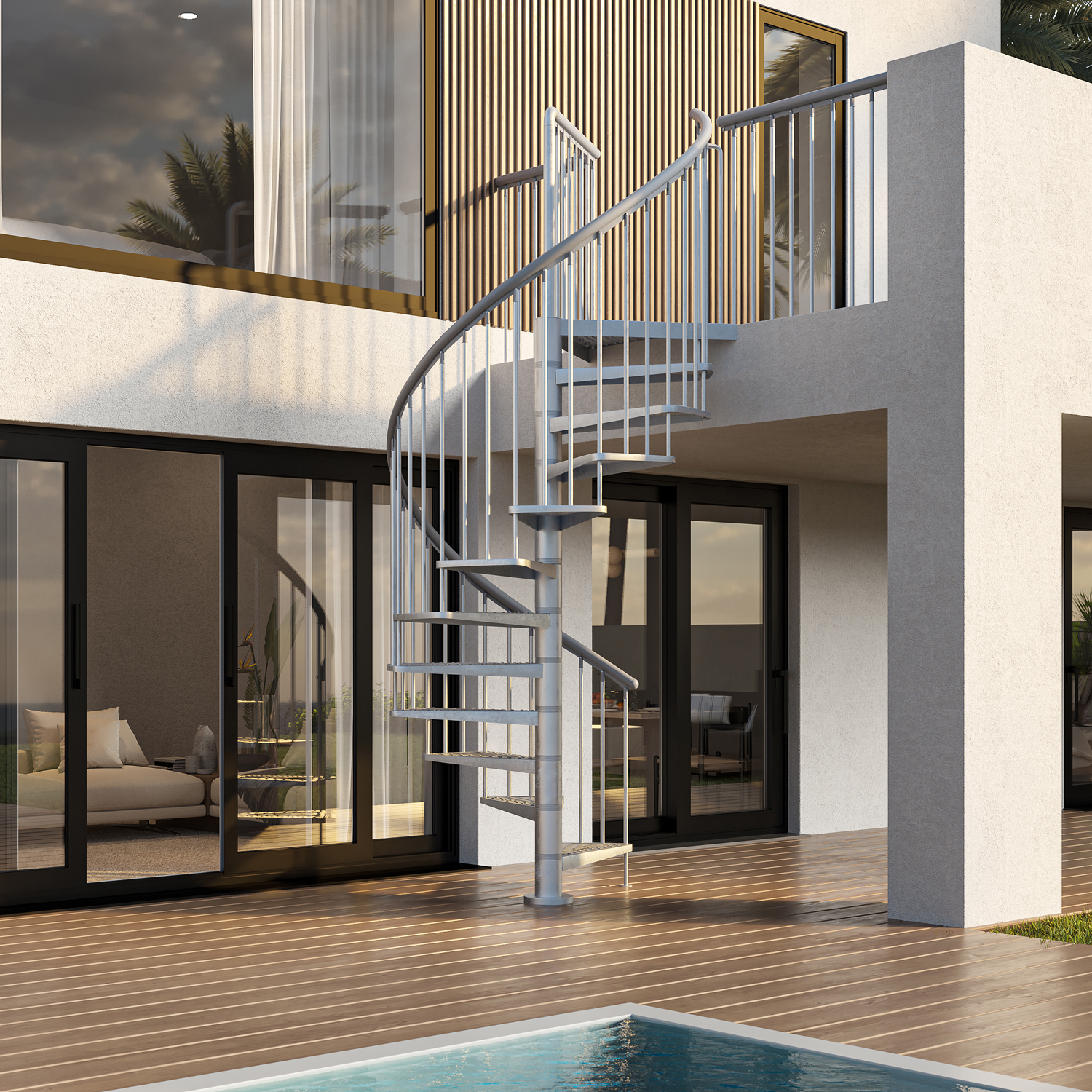 Scala a chiocciola in metallo che conduce a un balcone, situata vicino a porte vetrate e affacciata su una piscina.