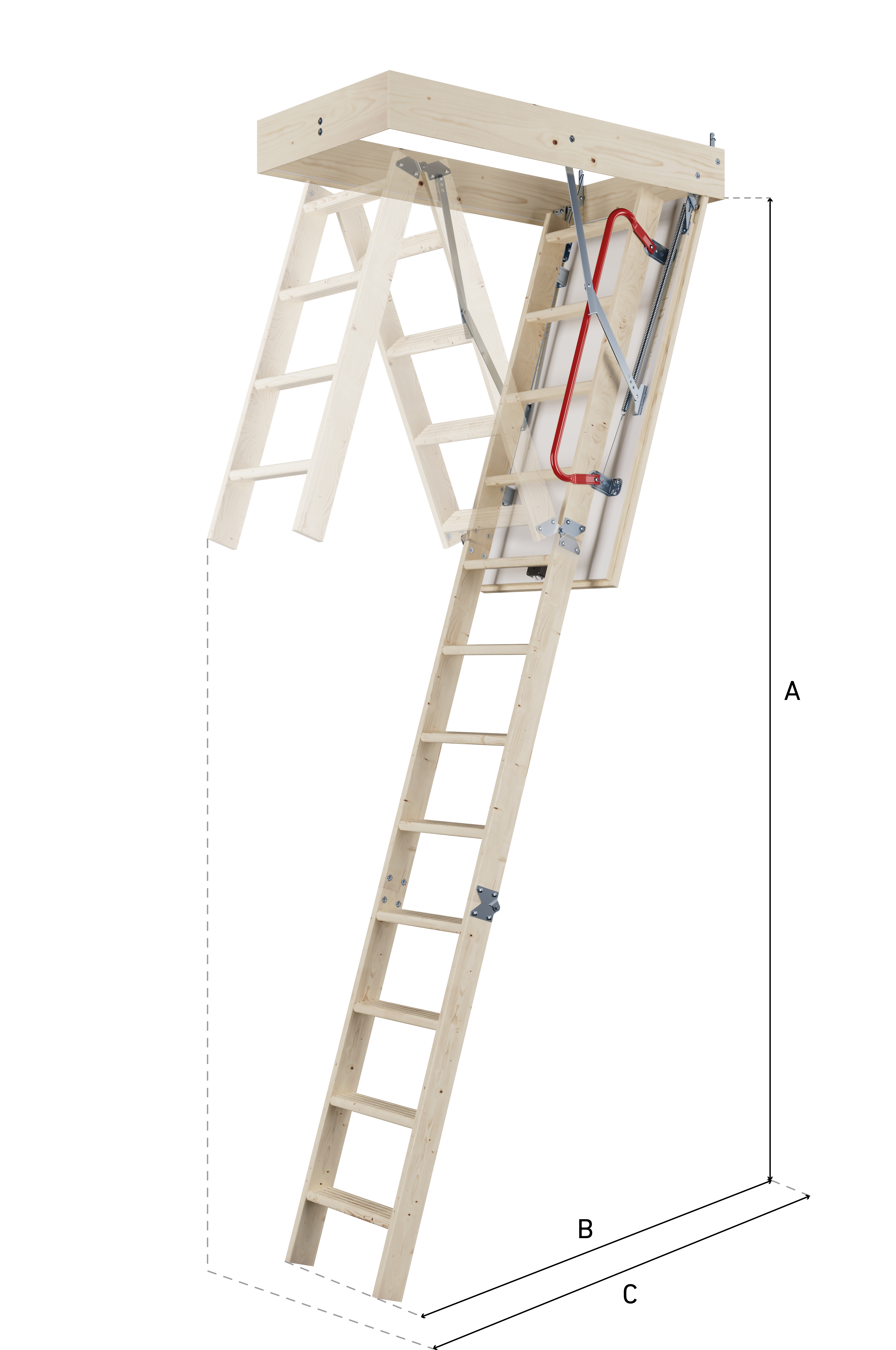 Scala retrattile in legno attaccata a una botola del tetto, completamente estesa con dimensioni etichettate per altezza, proiezione e lunghezza.