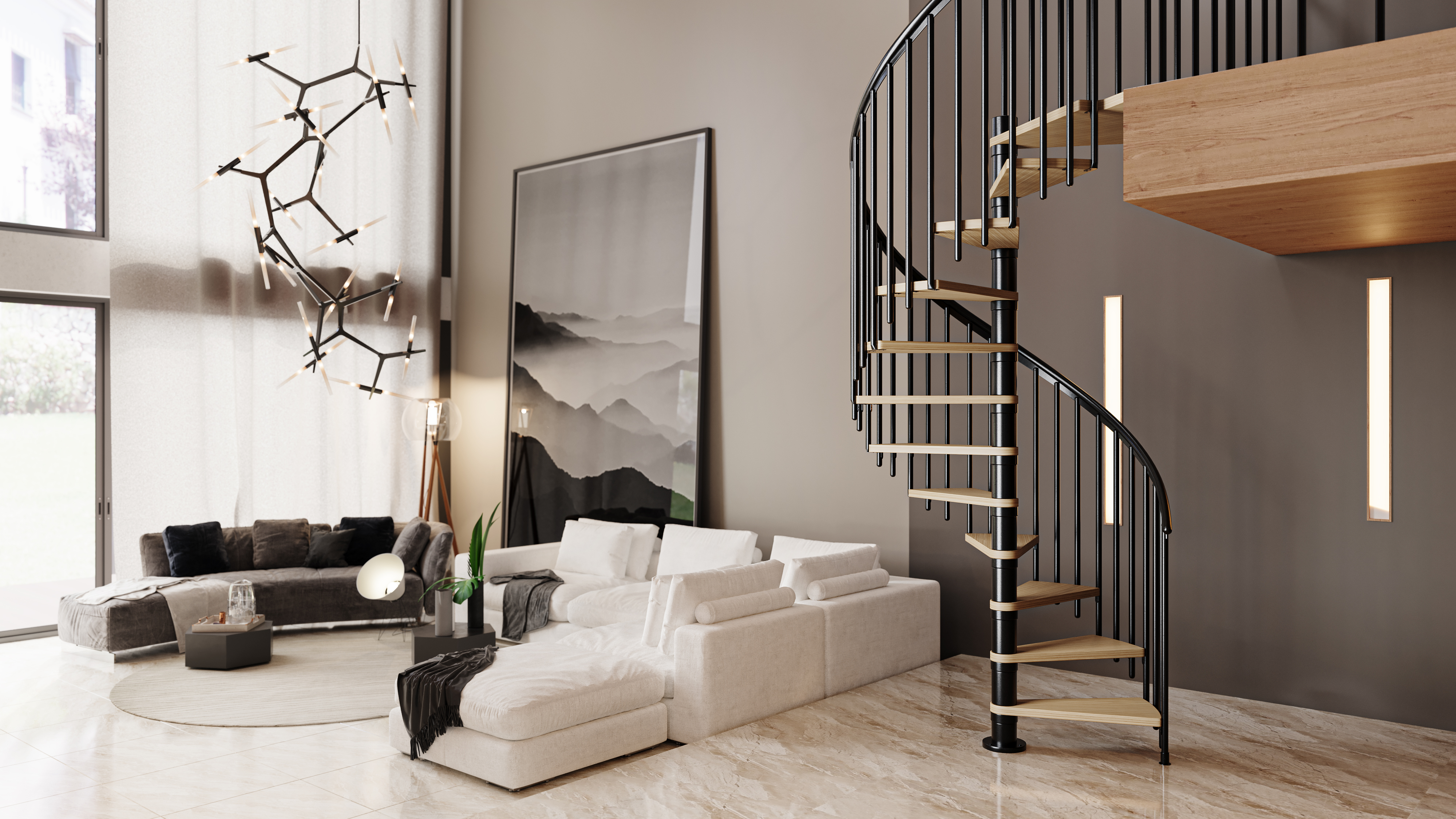 Scala a chiocciola nera nel soggiorno con accesso al piano superiore.