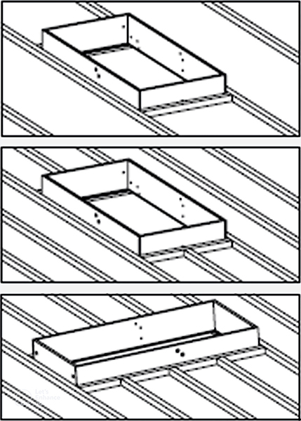 Illustrazione in tre passaggi che mostra l'installazione di un telaio di botola su una struttura del tetto a listelli.