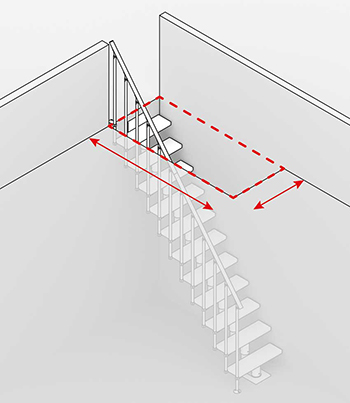 Diagramma di una scala dritta con frecce rosse che indicano le misure dell’apertura.