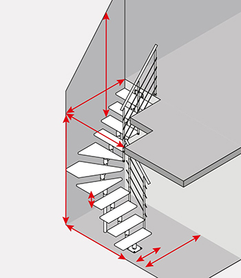 Diagramma di una scala a un quarto di giro con frecce rosse che indicano le dimensioni principali come altezza, raggio e angoli dei gradini.