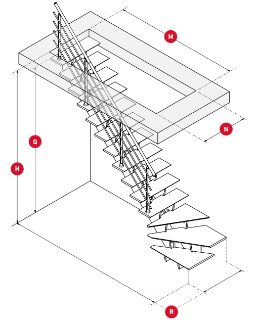 Diagramma isometrico di una scala con dimensioni etichettate, inclusi altezza, larghezza e lunghezza del gradino.