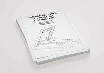 Immagine di un opuscolo intitolato "Istruzioni di montaggio della botola da tetto piano", con un disegno tecnico di una botola da tetto sulla copertina.