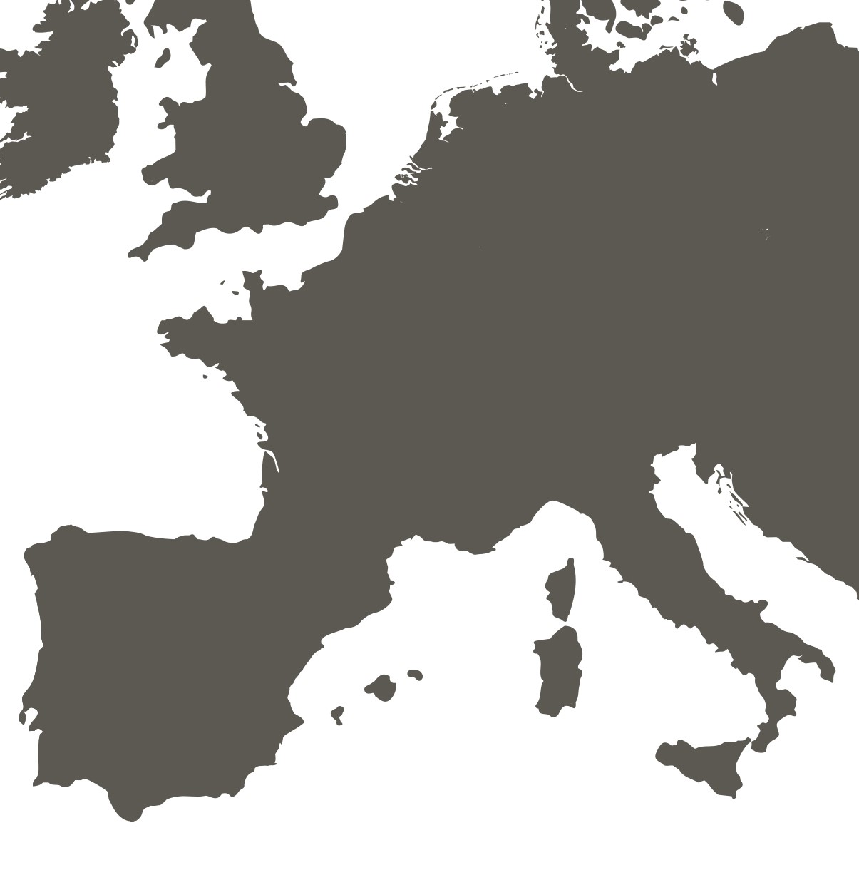 Mappa in silhouette dell’Europa occidentale e meridionale, inclusi paesi come Francia, Spagna, Italia e Regno Unito.